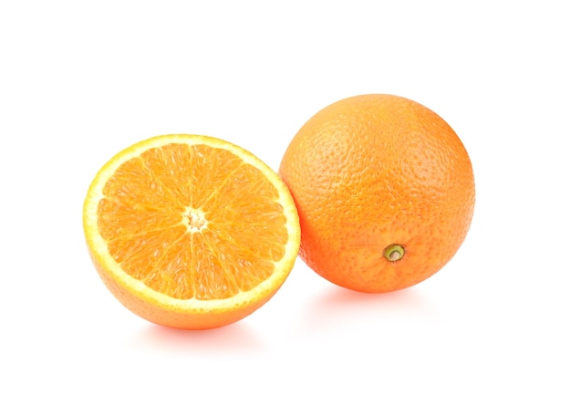 Orange fruit Orange slice half and one segment on white background