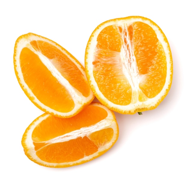 Orange fruit slice isolated on white background closeup Food background Flat lay top view