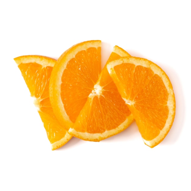 Orange fruit slice isolated on white background closeup Food background Flat lay top view