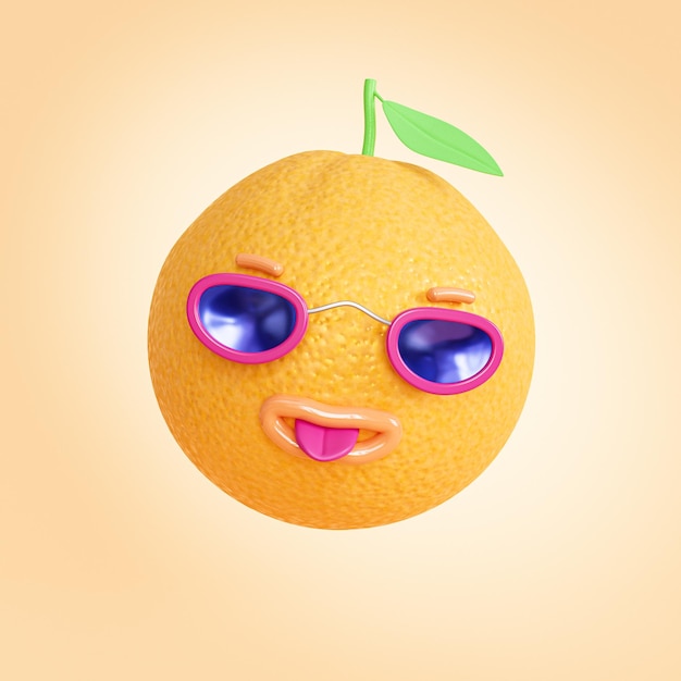 Orange fruit with face and sunglasses 3d illustration render