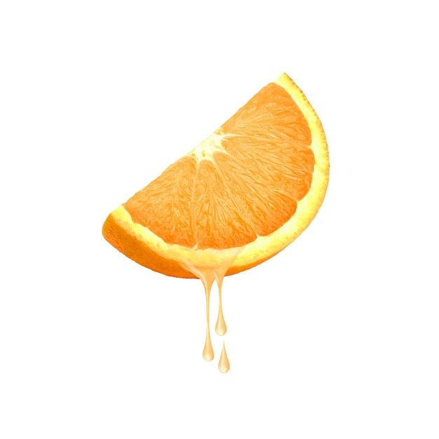 orange fruit with juice dripping isolated on white background