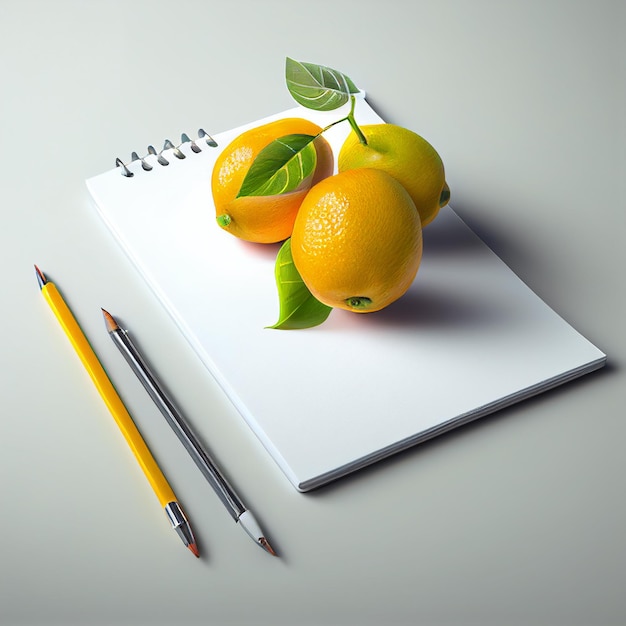 Orange fruit  with paper and pencil in a white table.