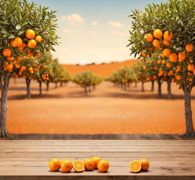 Orange fruit on a wooden table in an orange orchard Collage