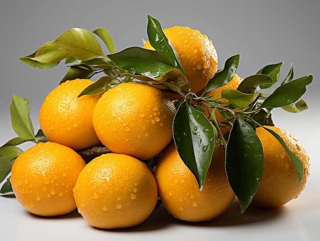 Orange Fruits with Branch and Green Leaves on White