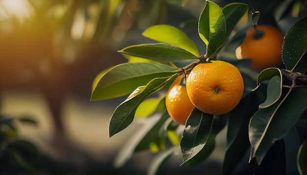 Orange garden with ripening orange fruits on the trees with green leaves natural and food background