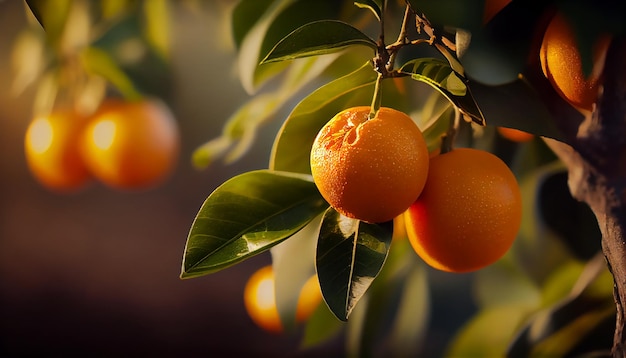 Orange garden with ripening orange fruits on the trees with green leaves natural and food background