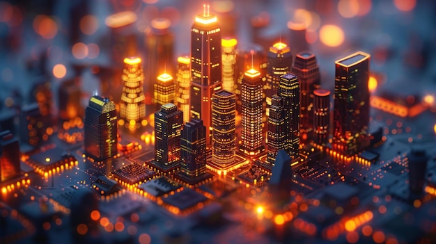 Orange Glowing 3D Cityscape in Metallic Etherialism Style To provide a visually appealing and futuristic digital art piece for use as a desktop