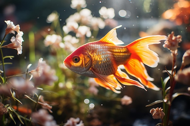 Orange goldfish swimming in a vibrant plant