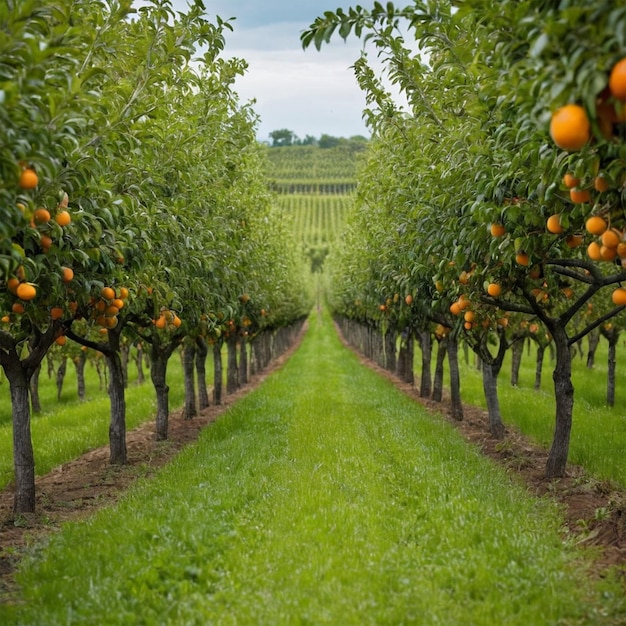 an orange grove with orange trees in the background and a blue sky in the background