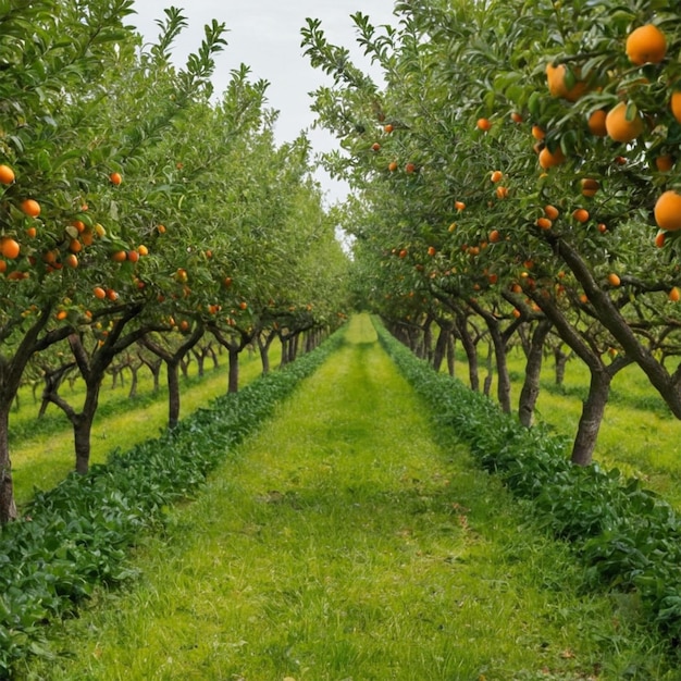 an orange grove with orange trees in the background and a line of oranges