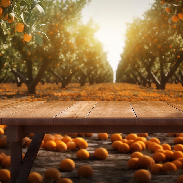 An orange grove with a wooden table in the middle of it.