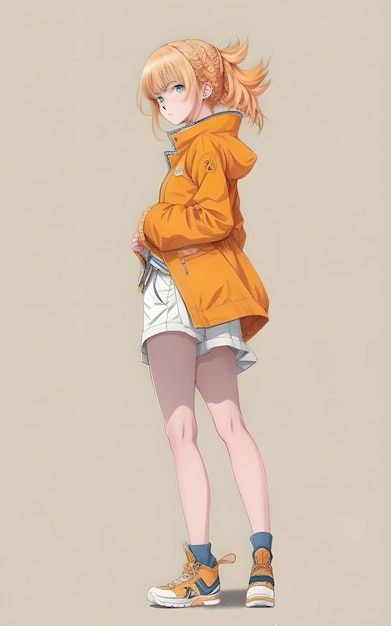 orange haired anime girl in orange jacket and shoes