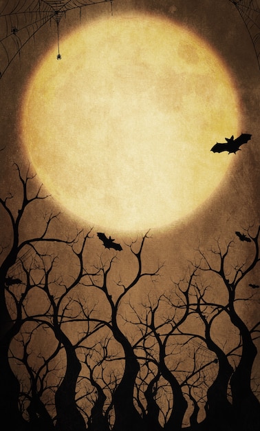 Orange halloween background With full moon and bat