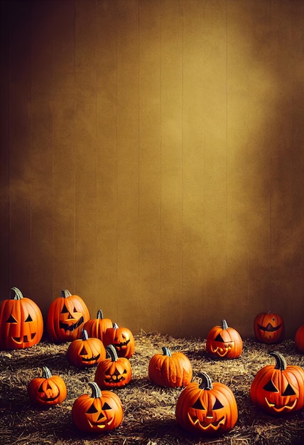 Orange Halloween pumpkins lying on straws