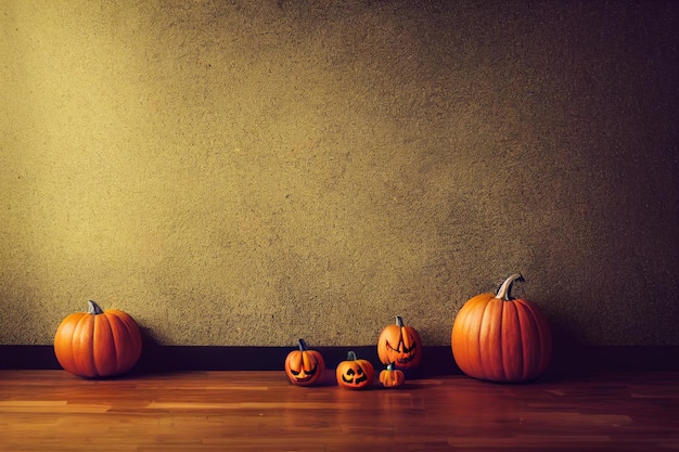 Orange Halloween pumpkins on wooden floor Spooky little pumpkins