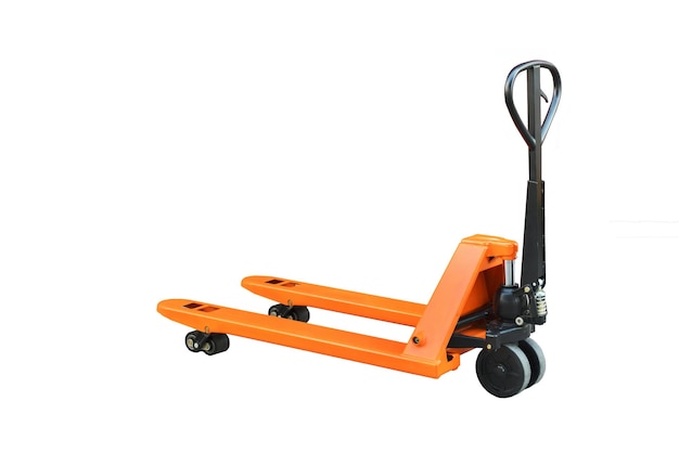 Photo orange hand pallet truck isolated on white background