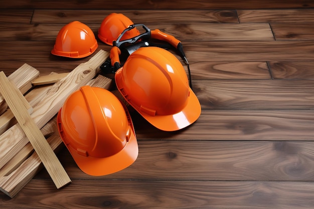 Orange hard hats on a wooden table with a wooden board.