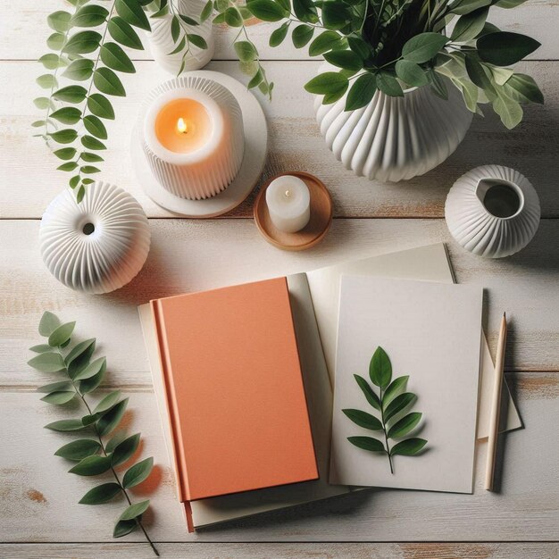 Orange hardcover book mockup and picture frame mockup