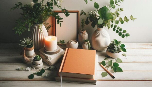 Orange hardcover book mockup and picture frame mockup