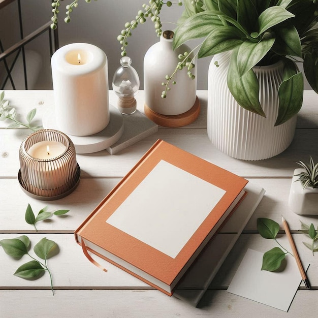 Orange hardcover book mockup and picture frame mockup