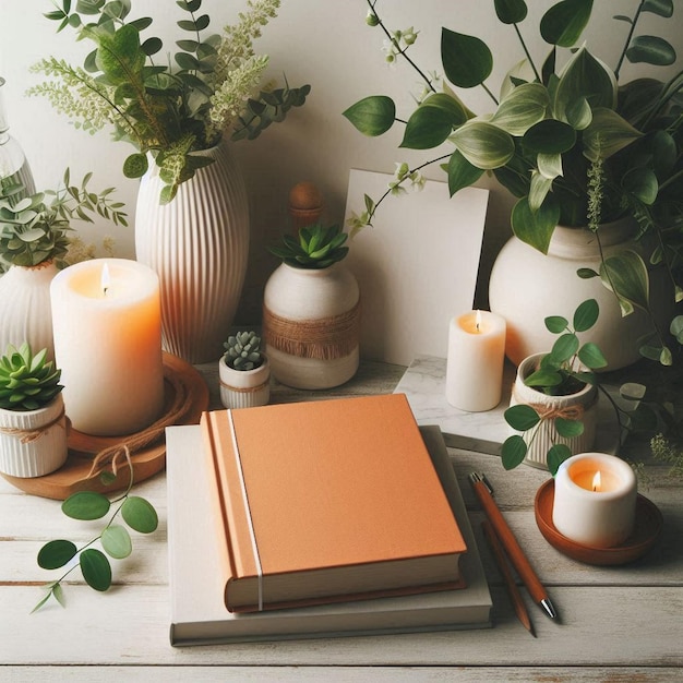 Orange hardcover book mockup and picture frame mockup