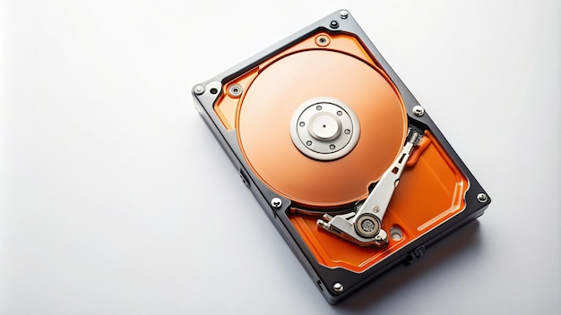 Photo orange harddisk drive on white isolated background with clipping bird s eye view digital background isolated harddisk computer accessory disk computer data isolated object