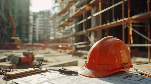 An orange hardhat rests on a blueprint at a construction site signifying the importance of safety and planning in the industry