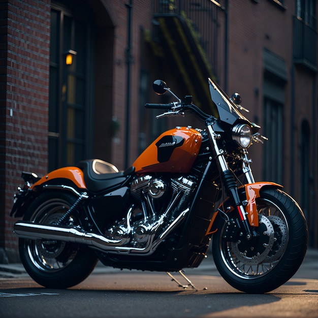 An orange harley davidson motorcycle is parked in the streetGenerative Ai