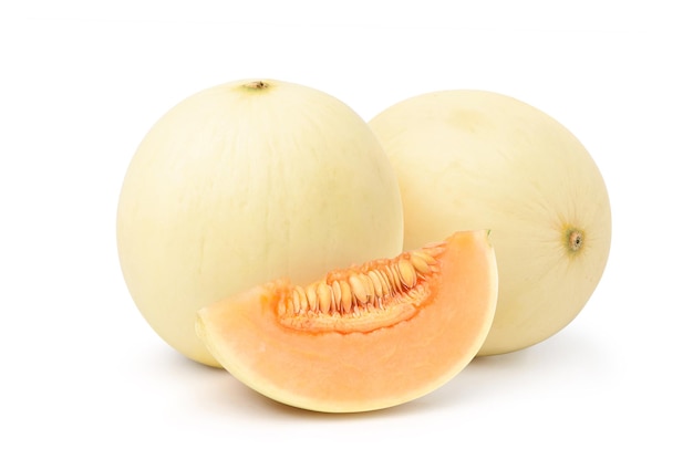 Orange Honeydew Melon with slice isolated on white background.