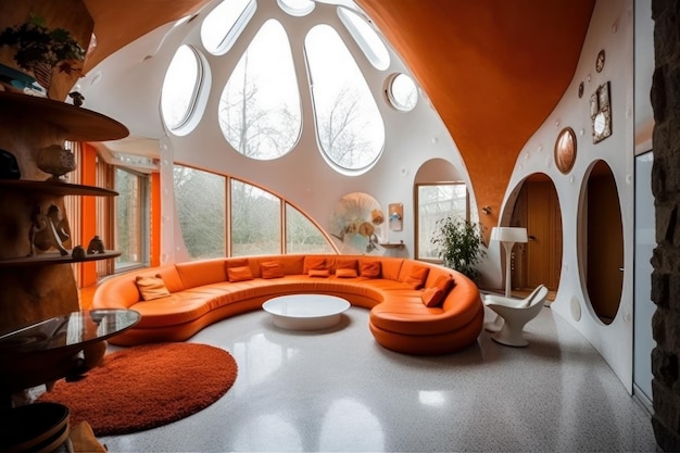 The orange house is a modern house with a round sofa and a round window.