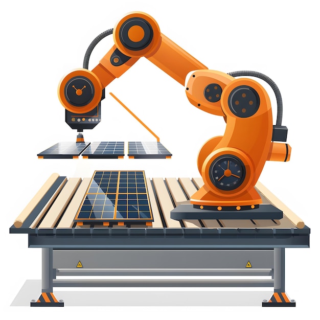 orange industrial robot arm at production line at modern bright factory solar panels are being