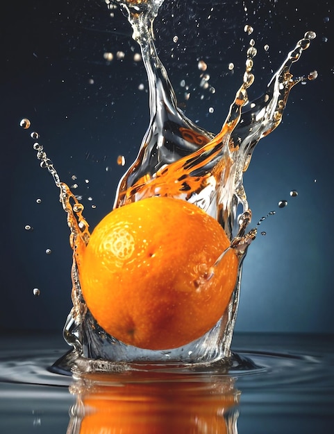 an orange is splashing into a water splash