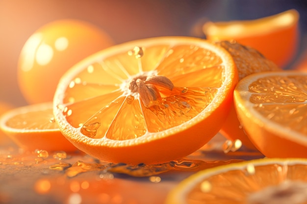 An orange is on a table with water droplets on it.