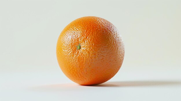 an orange is on a white surface with a green stem