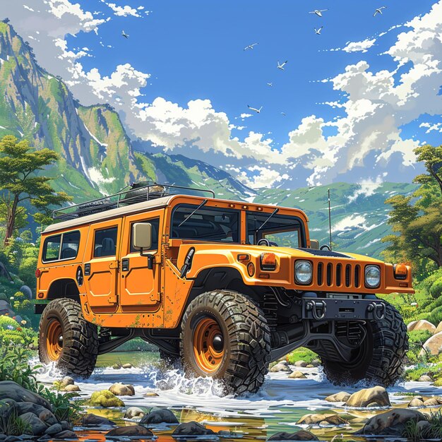 Photo an orange jeep is on a mountain with a mountain in the background