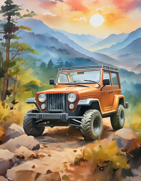 an orange jeep is parked in front of a mountain with the sun setting behind it