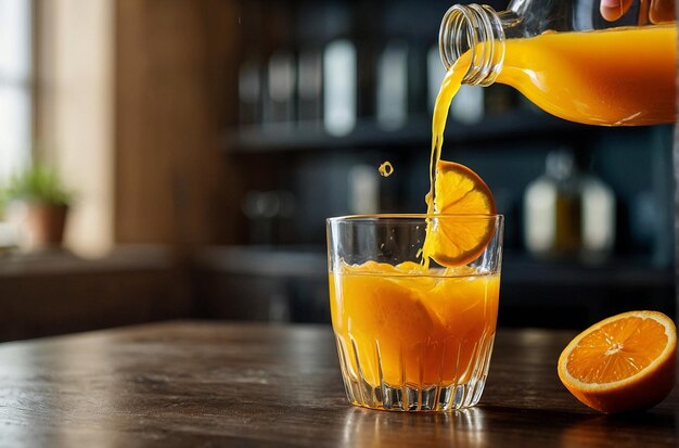 Orange juice being poured into a fancy glass from a ca