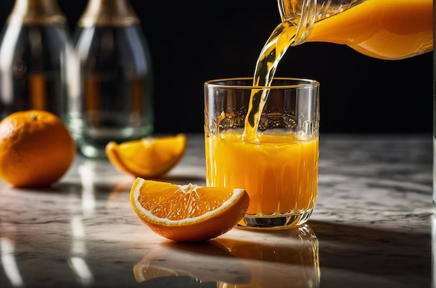 Orange juice being poured into a fancy glass from a ca