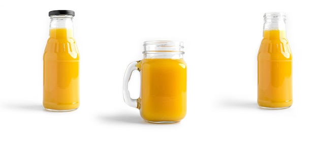 Orange juice in bottle isolated on white.