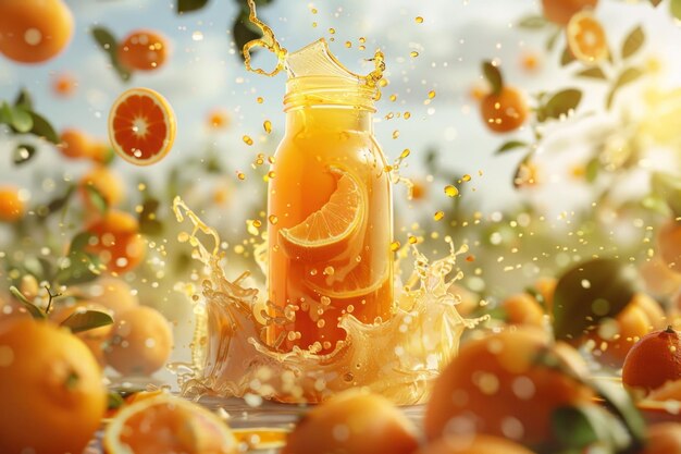 orange juice bottle with orange farm background