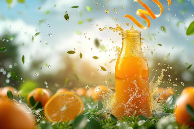 orange juice bottle with orange farm background