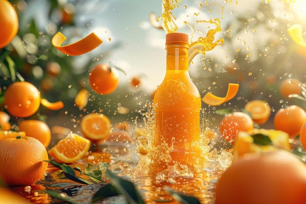 orange juice bottle with orange farm background