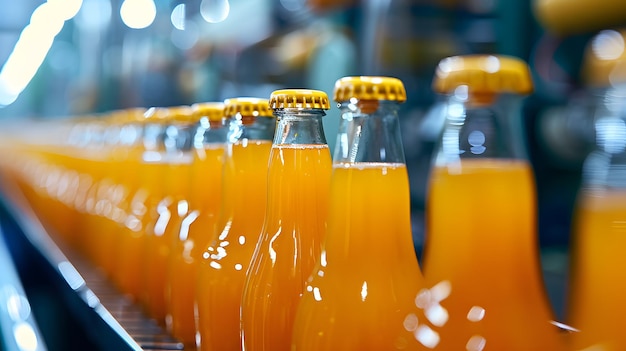 Photo orange juice bottles on automated production line