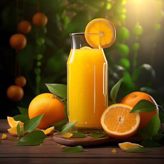 Orange juice in a glass bottle and oranges