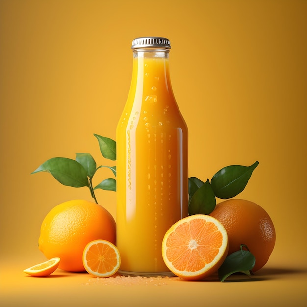 Orange juice in a glass bottle and oranges