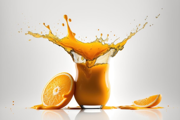 Orange juice in a glass Creative levitation food white background AI generation