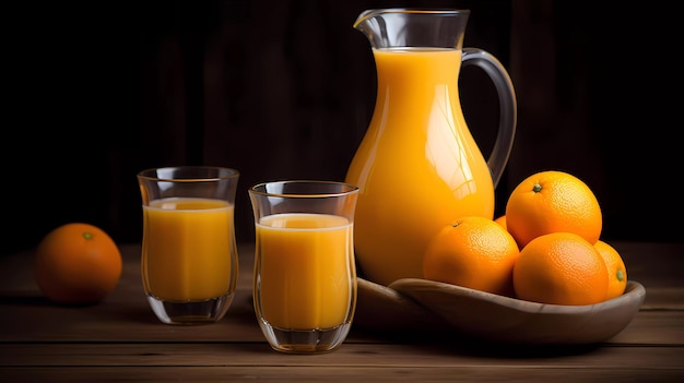 Orange juice in a glass and a pitcher with oranges on a wooden table