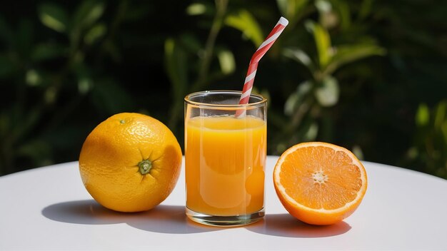 Orange juice is placed on a white table orange juice