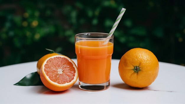 Orange juice is placed on a white table orange juice