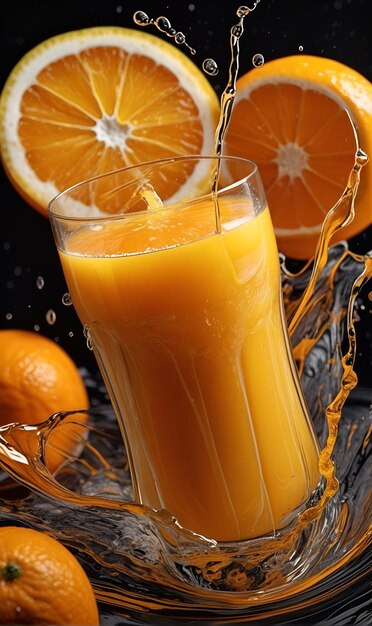 Orange juice is poured into a glass orange juice splatters